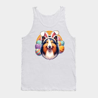 Shetland Sheepdog with Bunny Ears Greets Easter Morning Tank Top